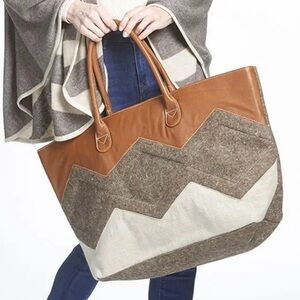 HUGE Wool and Leather Chevron Print Tote Bag